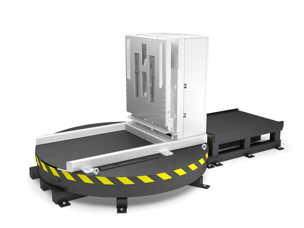 Horizontal rotating pallet changer used in cleanrooms to transfer goods from plastic to wooden pallets.